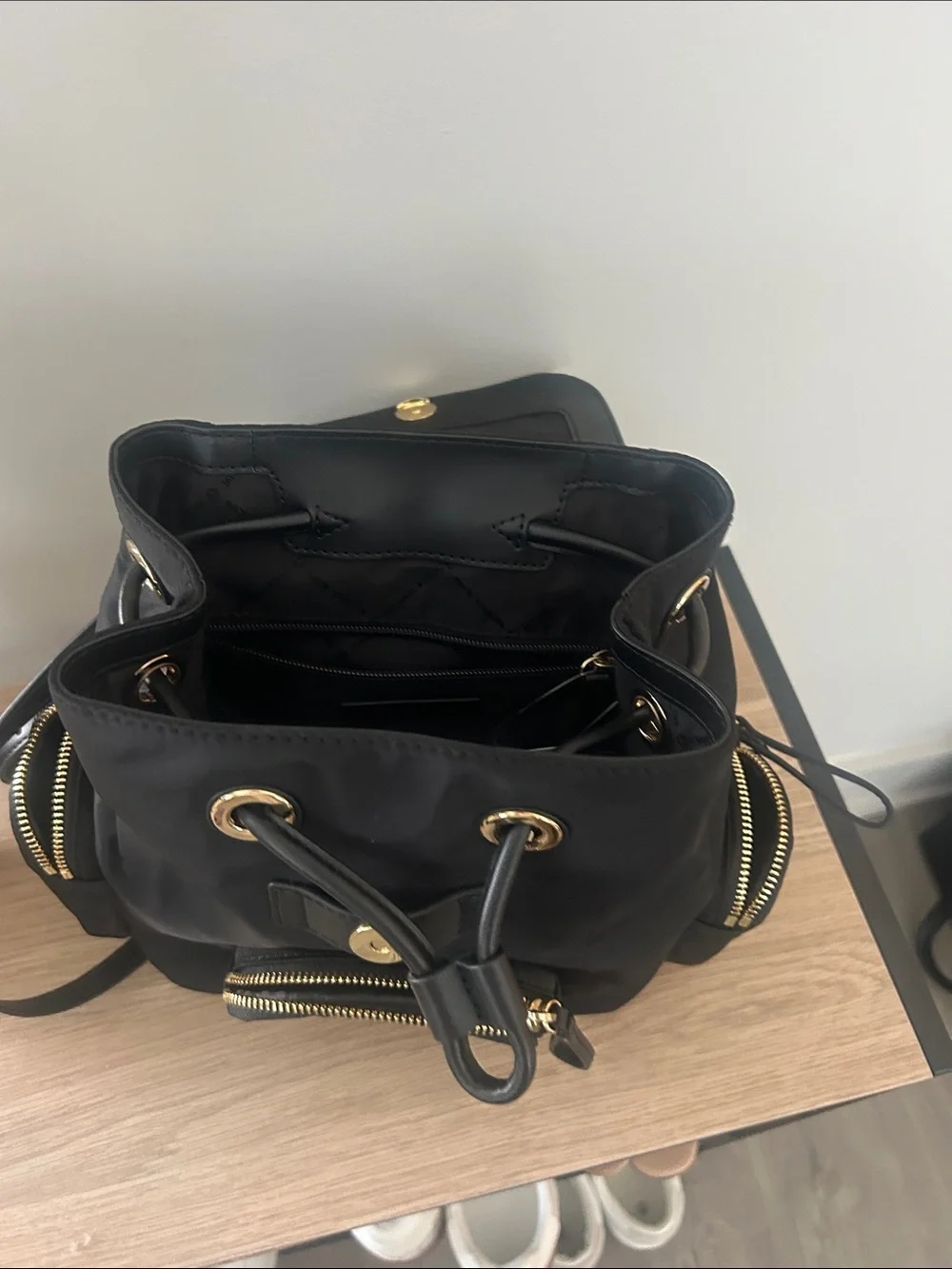 Michael Kors Black Nylon Drawstring Backpack with Gold Logo